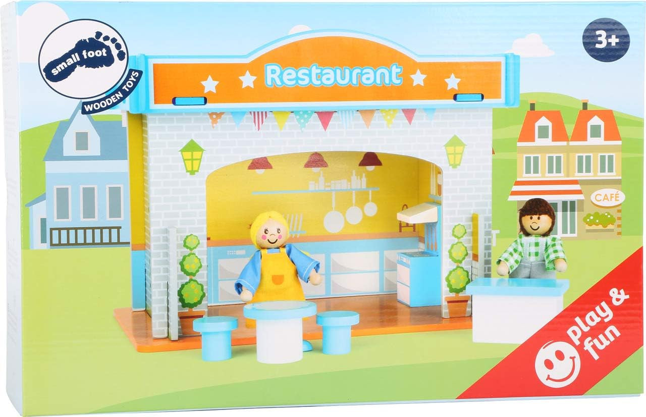 Small Foot 10852 Playhouse Restaurant Tillverkad av trä, Med 2 dockfigurer, tillbehör och avtagbart tak, Från 3 år Naty Shop Dollhouses