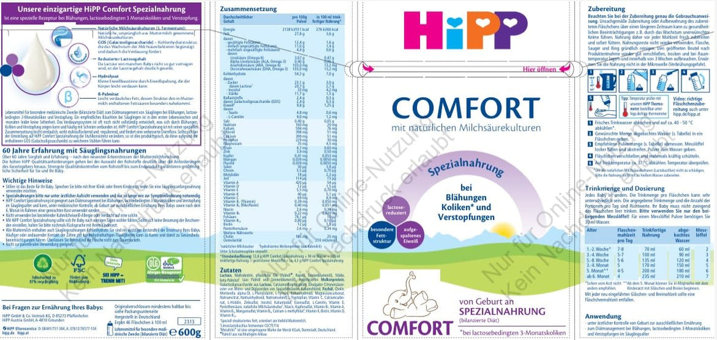 Specialformel HiPP Comfort (4 x 600g), från födseln, med reducerat laktosinnehåll, för kostbehandling av kolik, uppblåsthet och förstoppning