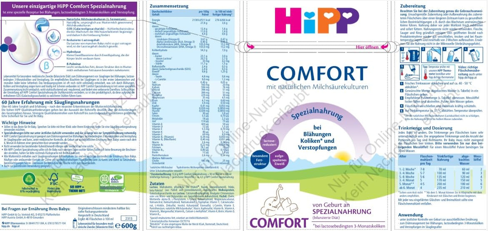 Specialformel HiPP Comfort (4 x 600g), från födseln, med reducerat laktosinnehåll, för kostbehandling av kolik, uppblåsthet och förstoppning
