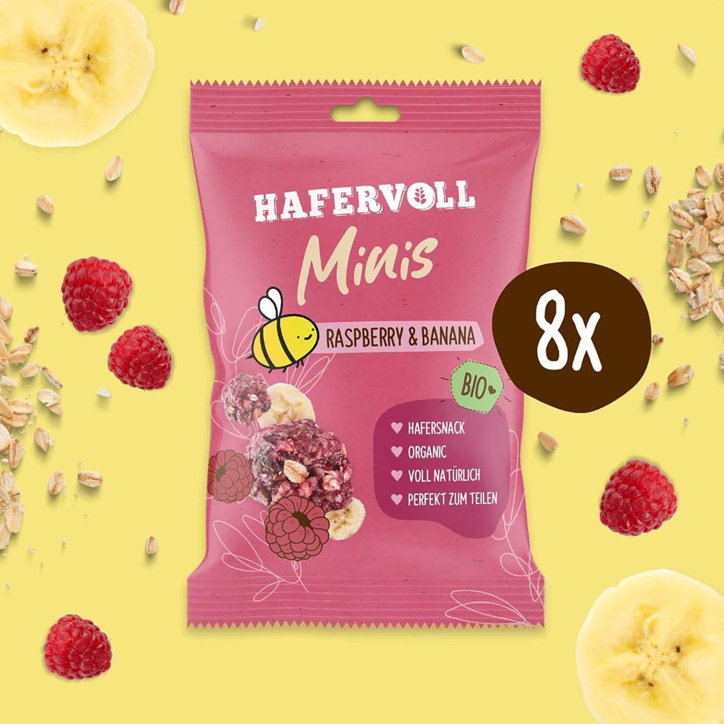 HAFERVOLL Minis Raps och Banan 8x 65g - Certifierad ekologisk, med honung, utan tillsatt socker, perfekt att dela