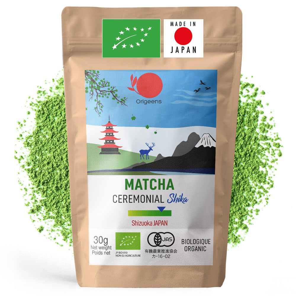 ORIGEENS BIO MATCHA CEREMONIELL GRADE "SHIKA" - Ekologiskt japanskt te från Shizuoka - Matcha Latte/Usucha - 30g påfyllningspåse - Ceremoniellt ekologiskt Matcha grönt tepulver