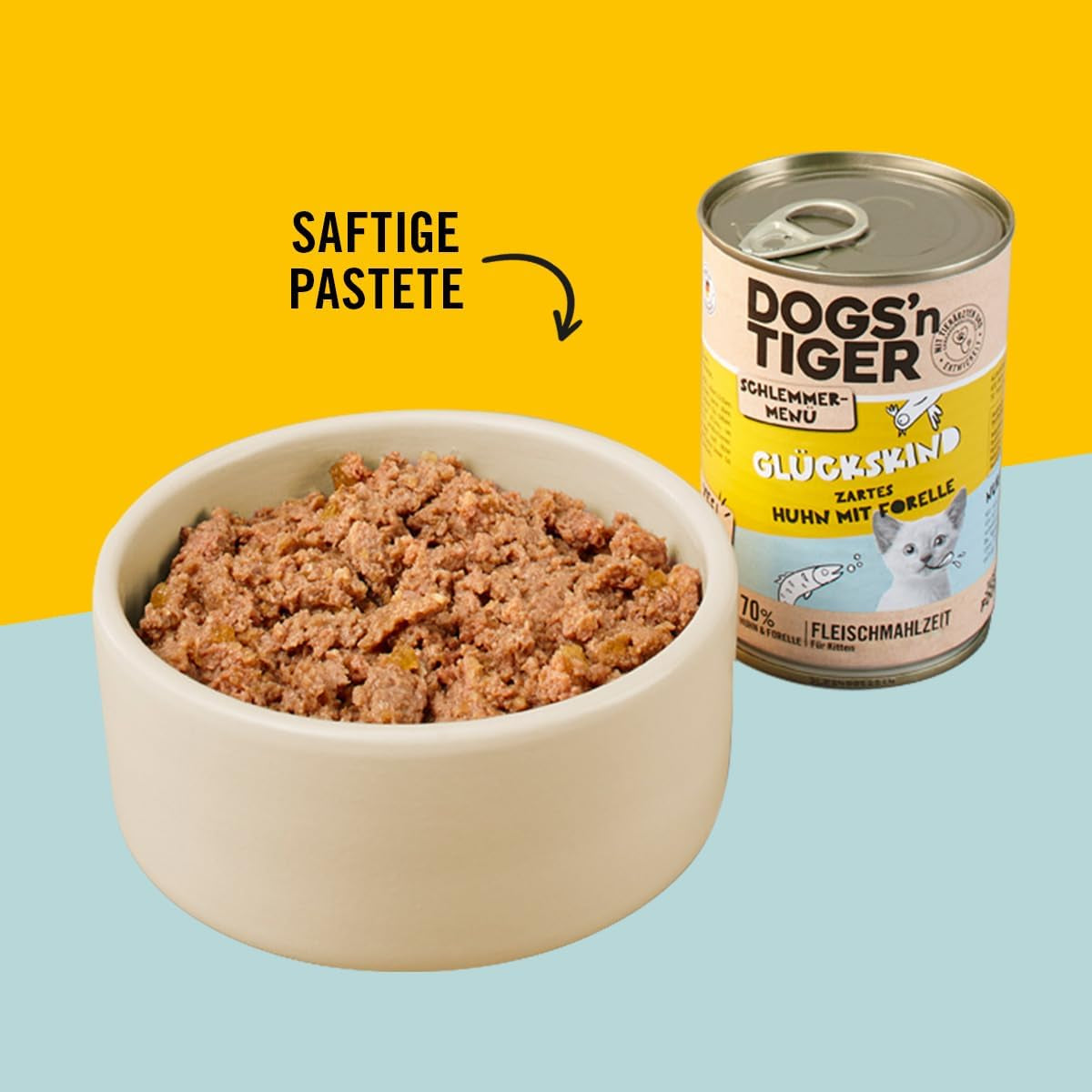 Dogs'n Tiger Schlemmermenü Glückskind, Nassfutter für Kätzchen, saftiges Hun und Forelle - ohne Getreide, Zuckerzusatz, künstliche Konservierungsstoffe, optimal Verträglichkeit, 12x 200g