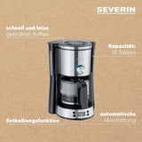 SEVERIN "TypeSwitch" espressomaskin med glaskaraff och timer, AromaSwitch för att välja 2 bryggalternativ, digital klocka med timerfunktion, för upp till 10 koppar, 1000W, borstat rostfritt stål-svart, KA 4826