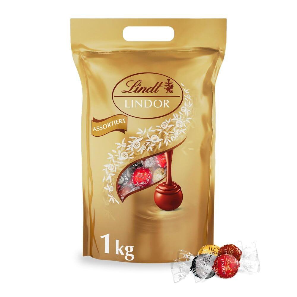 Klassiskt sortiment av Lindt chokladbollar LINDOR | ca. 80 bollar choklad (mjölk, vit, mörk 60%, hasselnöt) | Bulkförpackning, 1 kg
