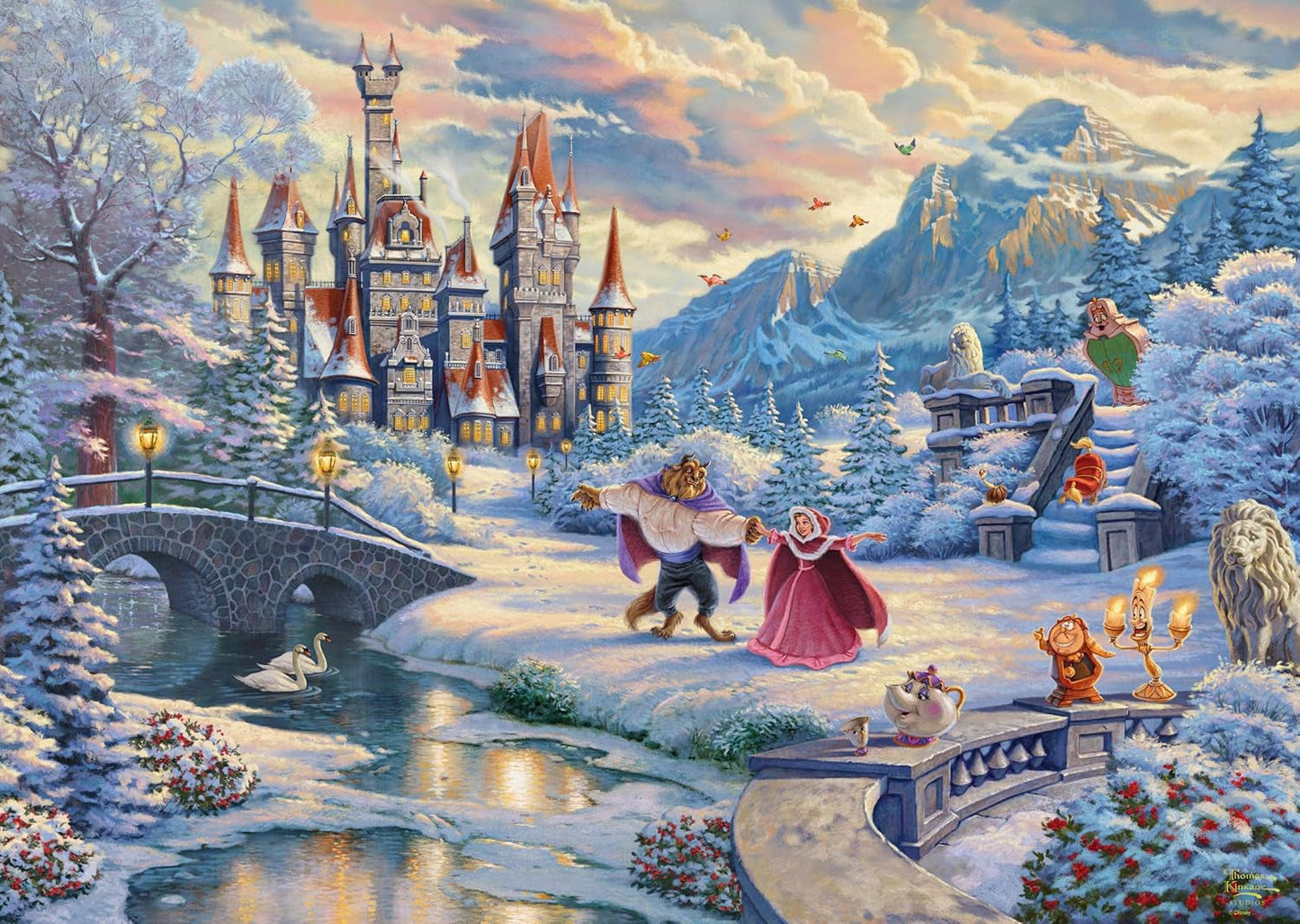 Schmidt Spiele 59671 Thomas Kinkade, Disney, Skönheten och Odjuret, Magisk vinterkväll, pussel 1000 bitar Pussel Naty Shop