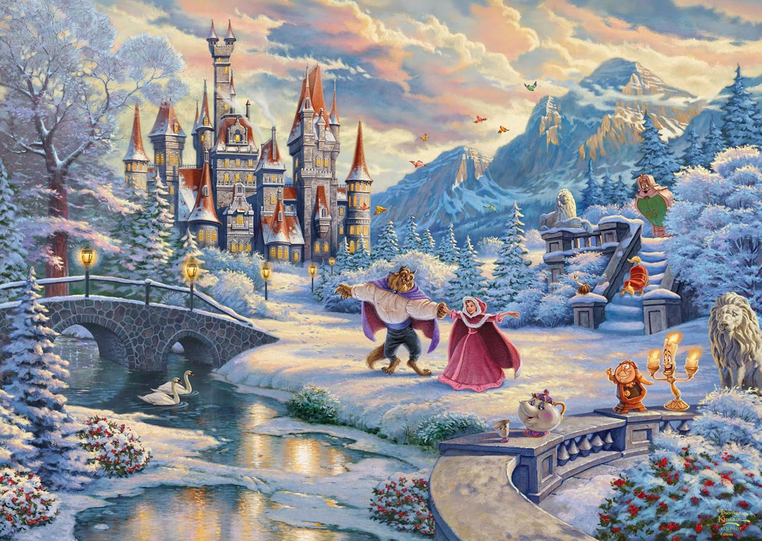 Schmidt Spiele 59671 Thomas Kinkade, Disney, Skönheten och Odjuret, Magisk vinterkväll, pussel 1000 bitar Pussel Naty Shop