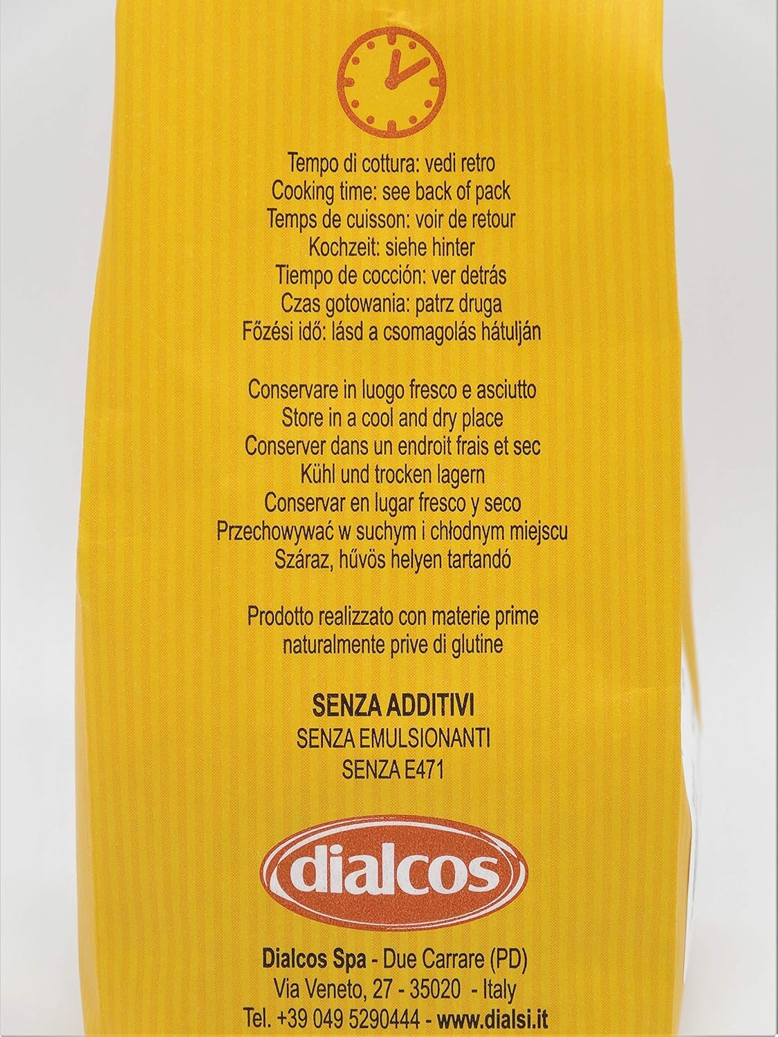 Dialsi stjärnformad pasta, glutenfri majs- och rispasta, bronseldad, 100 % italienska ingredienser, inga tillsatser, tillagas på 8-9 minuter, 300g förpackning