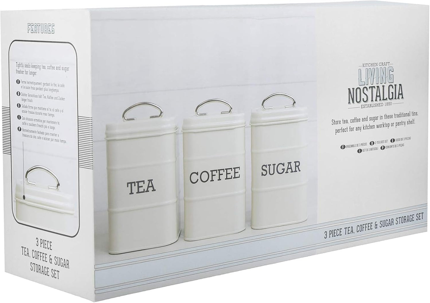 KitchenCraft Living Nostalgia set med 3 förvaringsburkar för te, socker och kaffe i presentförpackning, stål, antik kräm, 11 cm x 11 cm x 17 cm, vintageblå matförvaringslådor Naty Shop