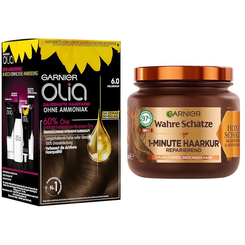 Garnier Olia Hair Color 6.0 Light Brown + True Treasures Repair Treatment (340ml) för skadat hår - färgning utan ammoniak, naturliga oljor, täcker grått hår, honung och bivax, mindre håravbrott Hårfärgning Naty Shop Hårfärg + reparationsbehandling