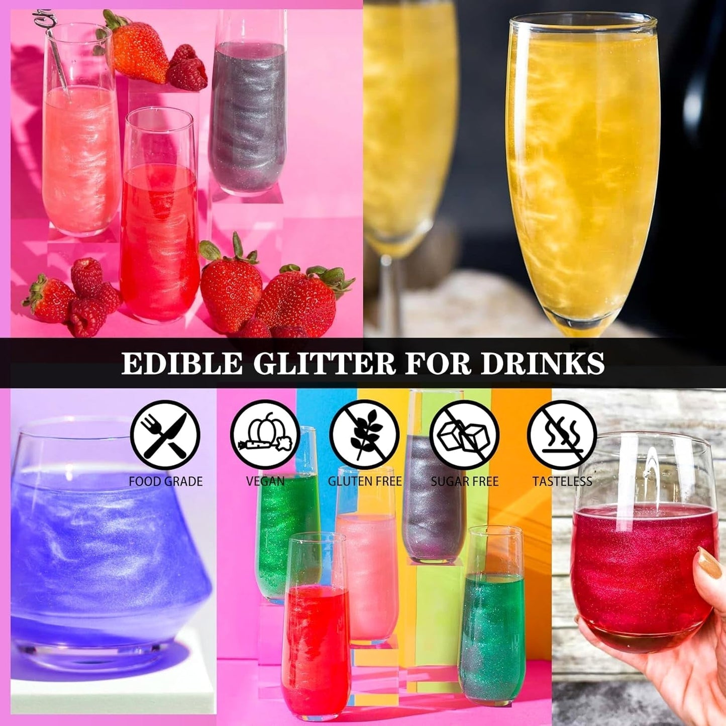 Ätbart glitterglitter - 4 färger ätbart glitterpulver, glitterpulver för drycker, mat, kakor - ätbart metalliskt matfärgningspulver för bakning, cocktails - 5G/flaska