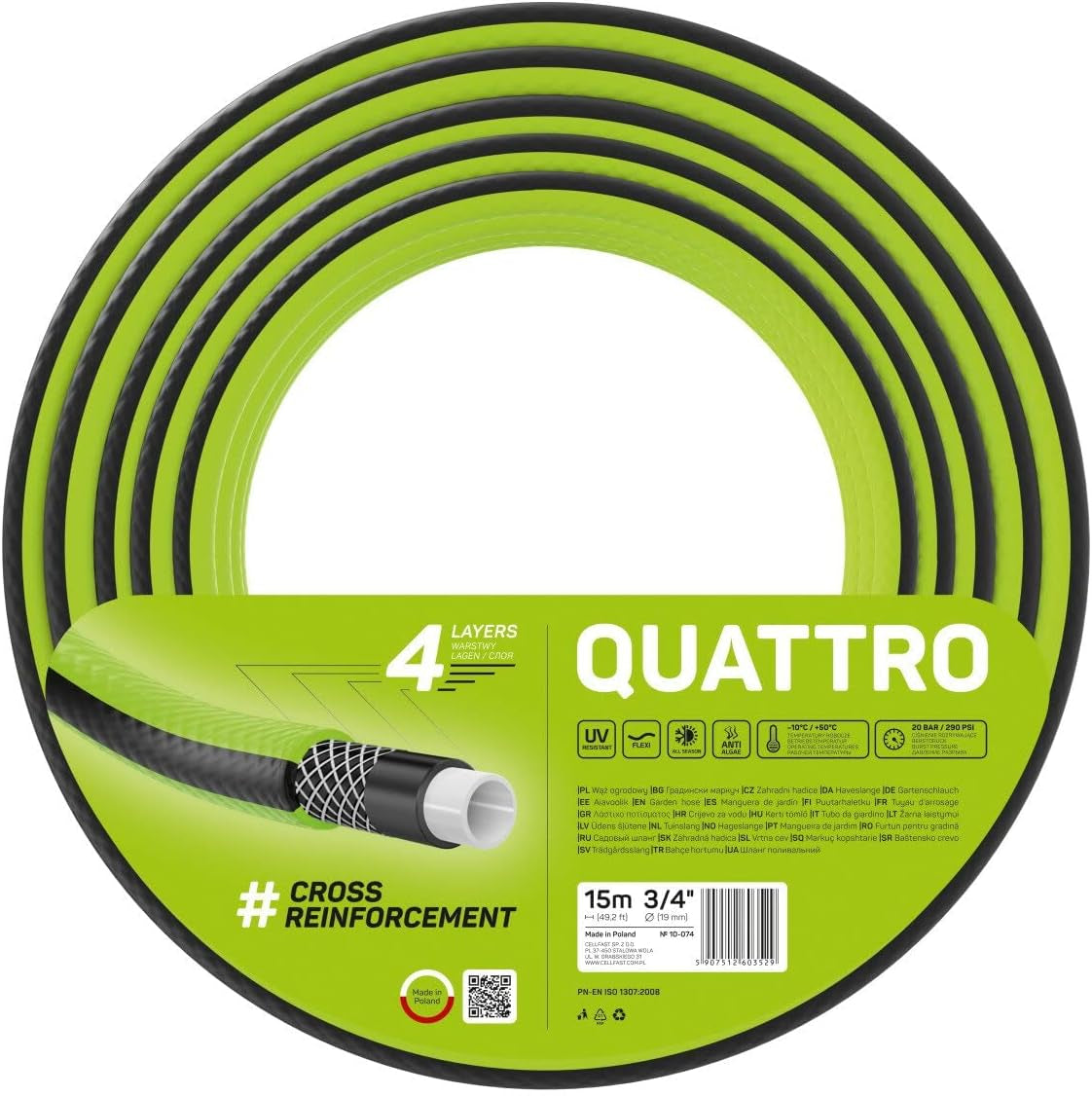 Cellfast QUATTRO Trädgårdsslang Slitstark Lättvikts 4-lagers UV-beständig trådslang Cross Braid 20 Bar 3/4" 15m 10-074