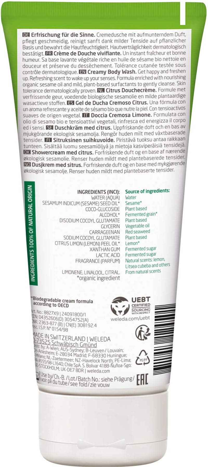 WELEDA Organic Refresh Shower Gel Vegan, unisex duschgel, citron/apelsin smak, 200 ml Naty Shop