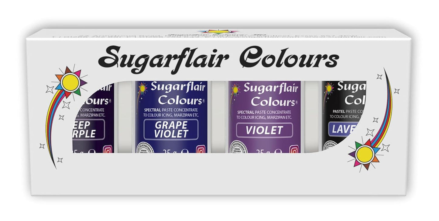 Sugarflair Pasta Matfärgning Lila Set med 4 Pasta Matfärg Fondant Marsipan Sockerpasta Smörkräm med mera: Lila, Lavendel, Grape Lila, Deep Purple - Set med 4