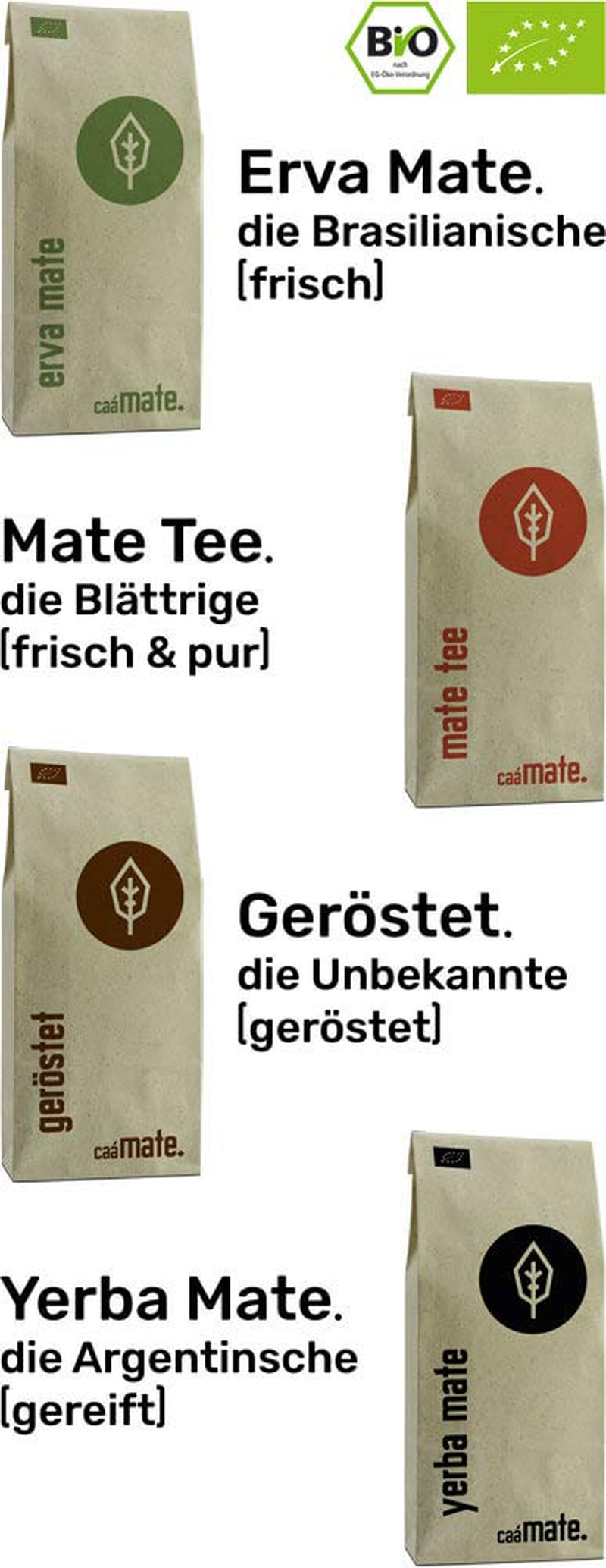 Mate teprovningsset ● 4 sorters ekologiskt Mate-te ● 100 g vardera Erva Mate + Yerba Mate + Green Mate-te + Rostat Mate-te