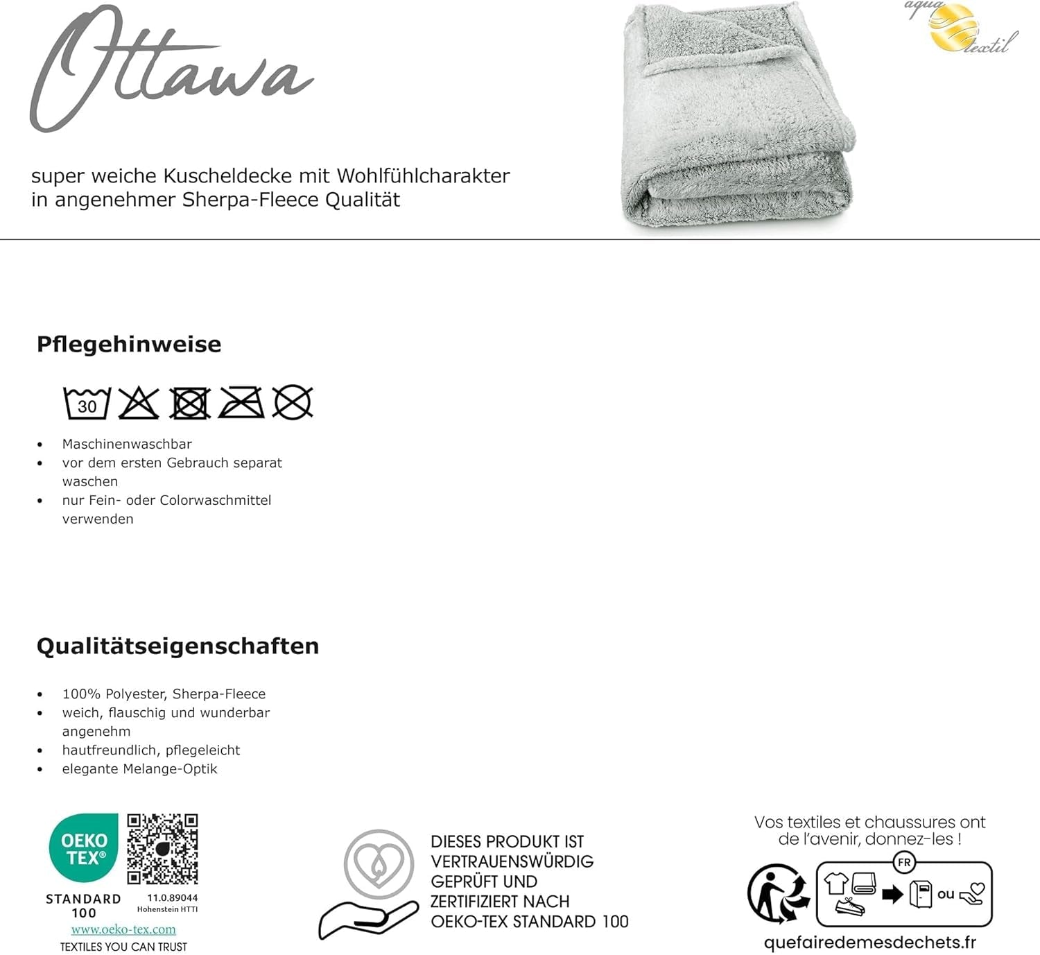 Aqua-Textil Fluffig mysig filt 150 X 200 Cm Grå Vit Melange Plysch TV-filt Överkast Sherpa Fleece Oeko-Tex Ottawa Sängar och filtar Besuche den aqua-textil-Store