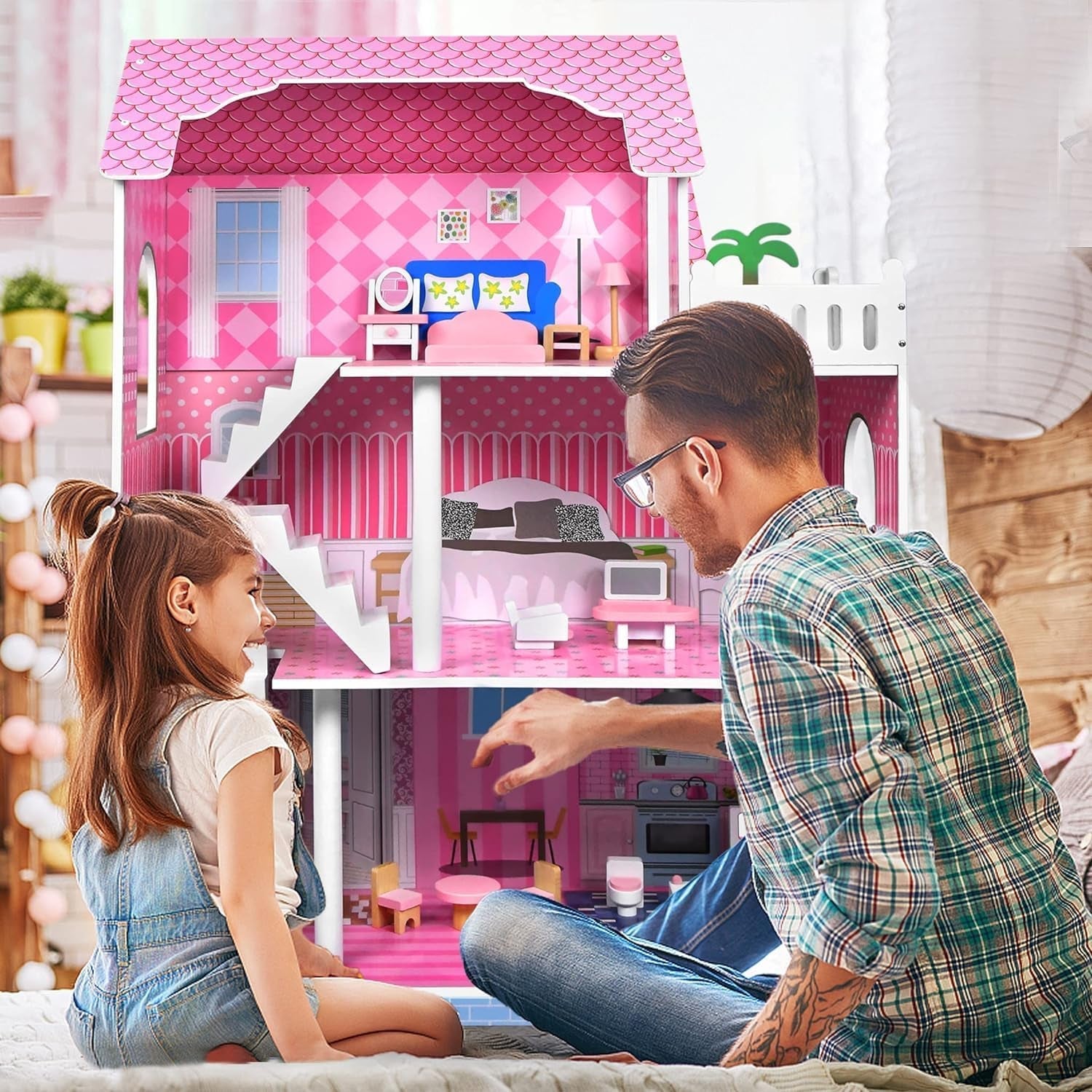 HENGMEI Puppenhaus Kinder Holz Puppenvilla Dollhouse Set Mädchen Spielset 3 Etagen Haus mit Möbeln och Zubehör, 70x30x100cm Puppenhäuser für Kinder (Typ B)