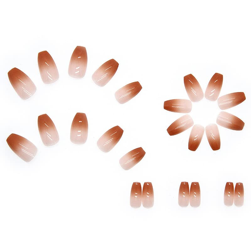 24st franska tryck på korta naglar Kista konstgjorda naglar Korallrosa Ombre självhäftande naglar Ballerina Nagelset Akryl Nageltips Dam Vår Sommar Nageltillbehör
