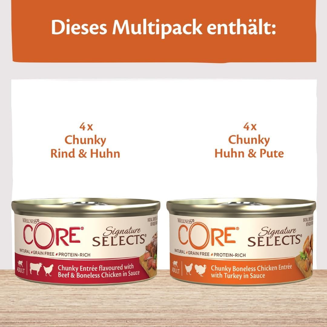 Wellness CORE Signature Väljer 8 x 79 g, blanda nötkött, kyckling och kalkon - våt kattmat, läckra strimlor i sås, spannmålsfria, naturliga, allergivänliga, proteinrika, mycket kött
