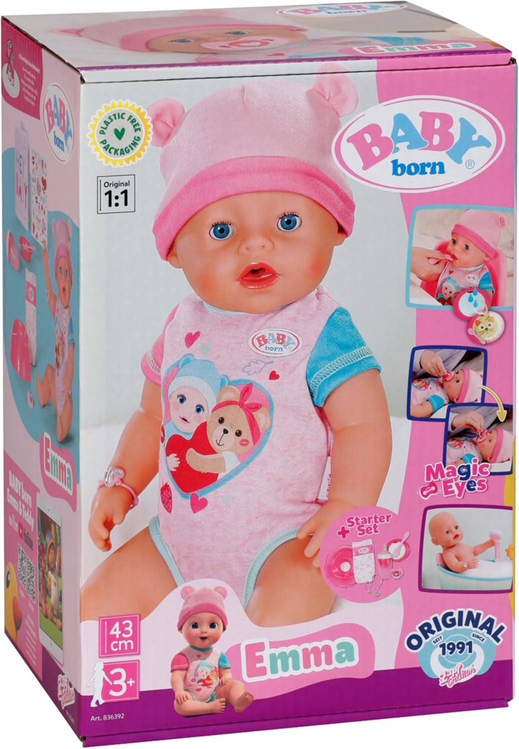 BABY Born Emma - babydocka 43 cm - 10 funktioner inklusive tillbehör och madrass - Fungerar helt utan batterier - Lämplig för barn från 3 år och uppåt