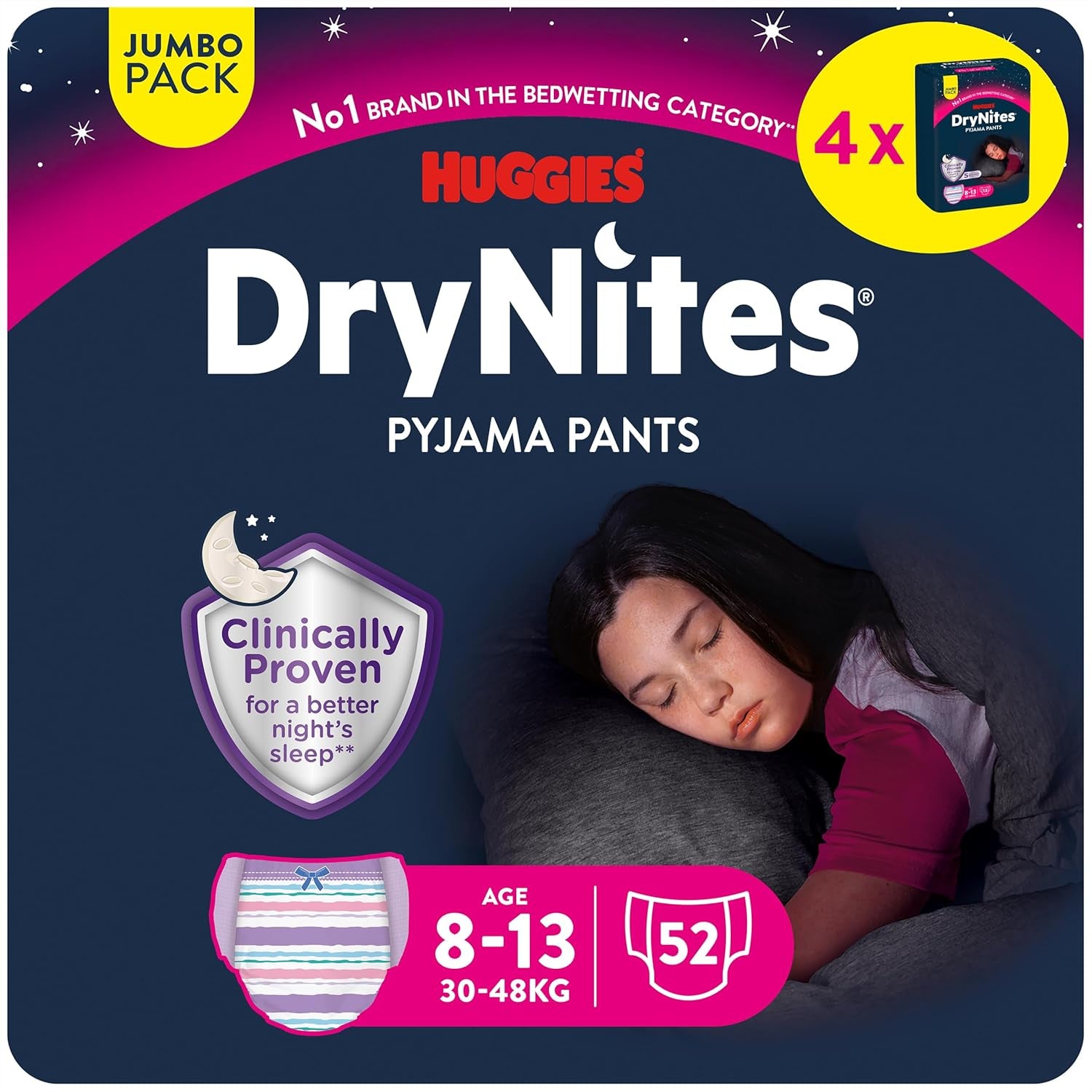 Huggies DryNites nattblöjor för sängvätning för pojkar 13 till ca 8-13 år (30-48 kg) 33-delade (3x11) Jumbo månadspaket XL blöjtrosor Vazba badprodukter