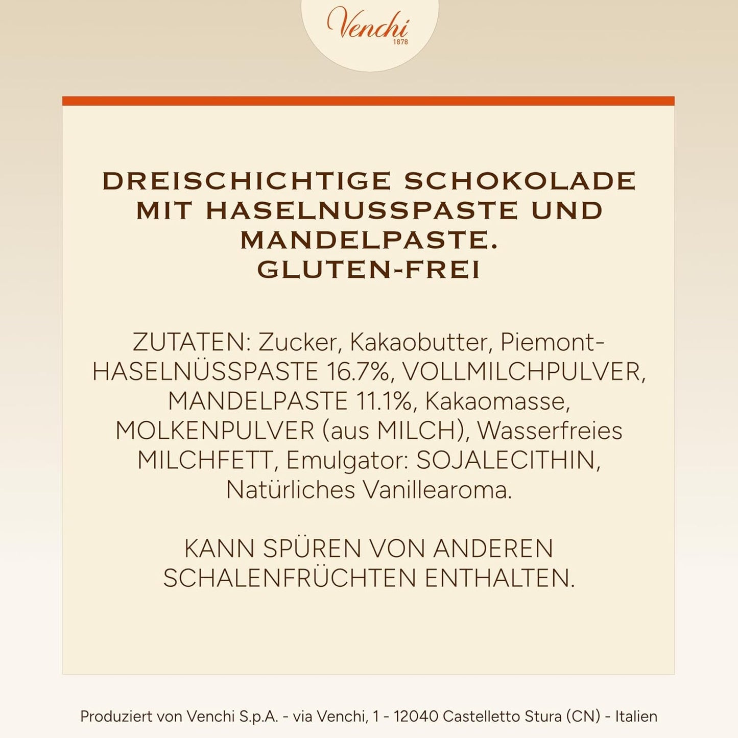 Venchi - Cremini 1878 - Trelagers choklad med gianduja med mjölk och mandelmassa, "Piemontese Hazelnuts PGI", 1 kg, glutenfri, utan färgämnen och utan konserveringsmedel