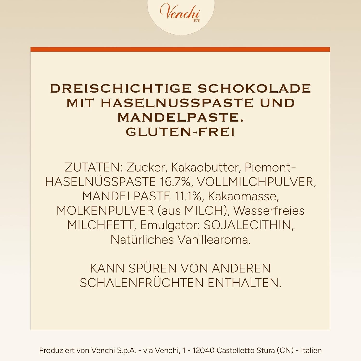Venchi - Cremini 1878 - Trelagers choklad med gianduja med mjölk och mandelmassa, "Piemontese Hazelnuts PGI", 1 kg, glutenfri, utan färgämnen och utan konserveringsmedel
