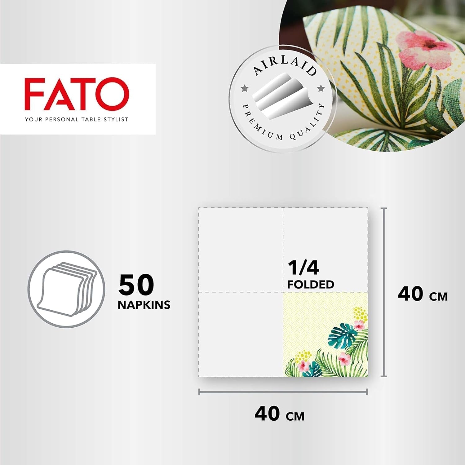 Fato - Torra pappersservetter, airlaid, textileffekt, paket med 50 servetter, 40X40 vikta i 4-format, Tropicana Decor