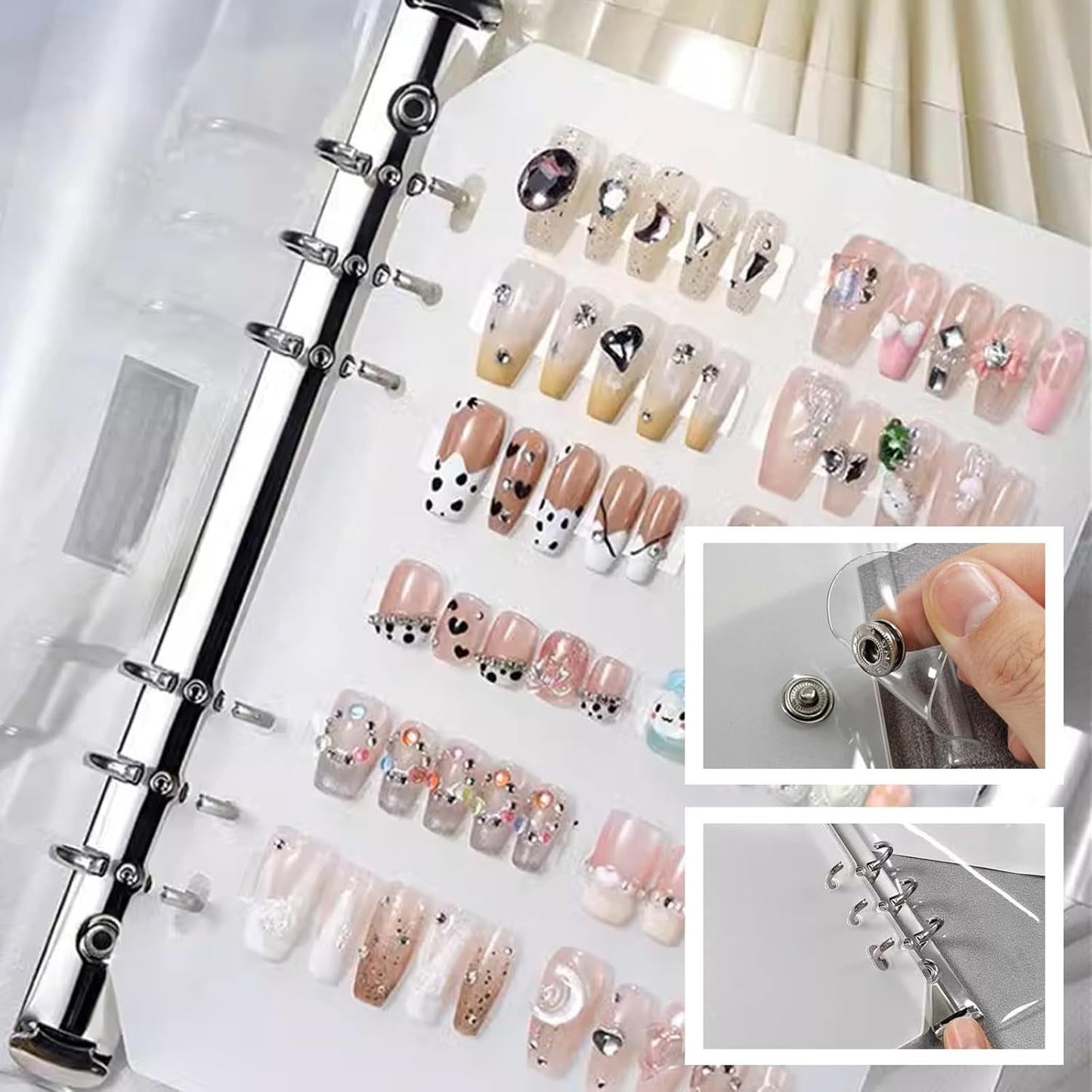 A5 Nail Organizer Set med klammerförslutning och avtagbara ark - Robust genomskinlig låda + 6 självhäftande kuddar och löstagbar konstgjord/häftande nagelförvaringsbok - Idealisk för förvaring, presentation
