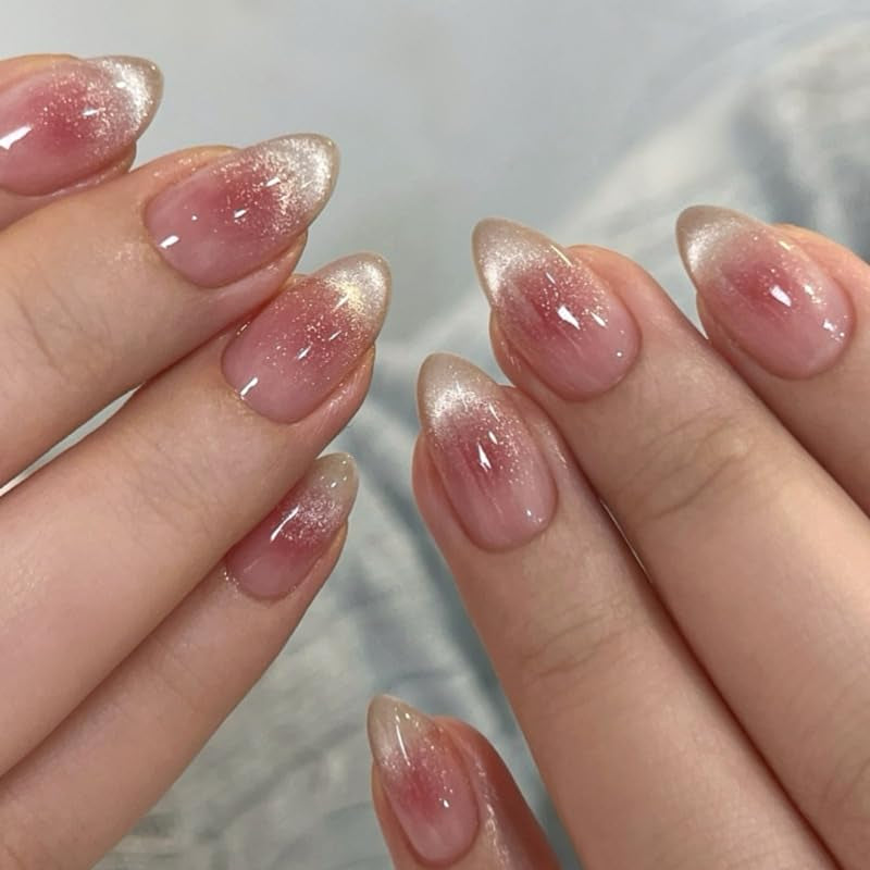Moonglow korta magnetiska lösnaglar, rosa mandelröd gradient glitter kattöga med lim, rosa röd ombre glitter fototerapi konstgjorda naglar för kvinnor och flickor