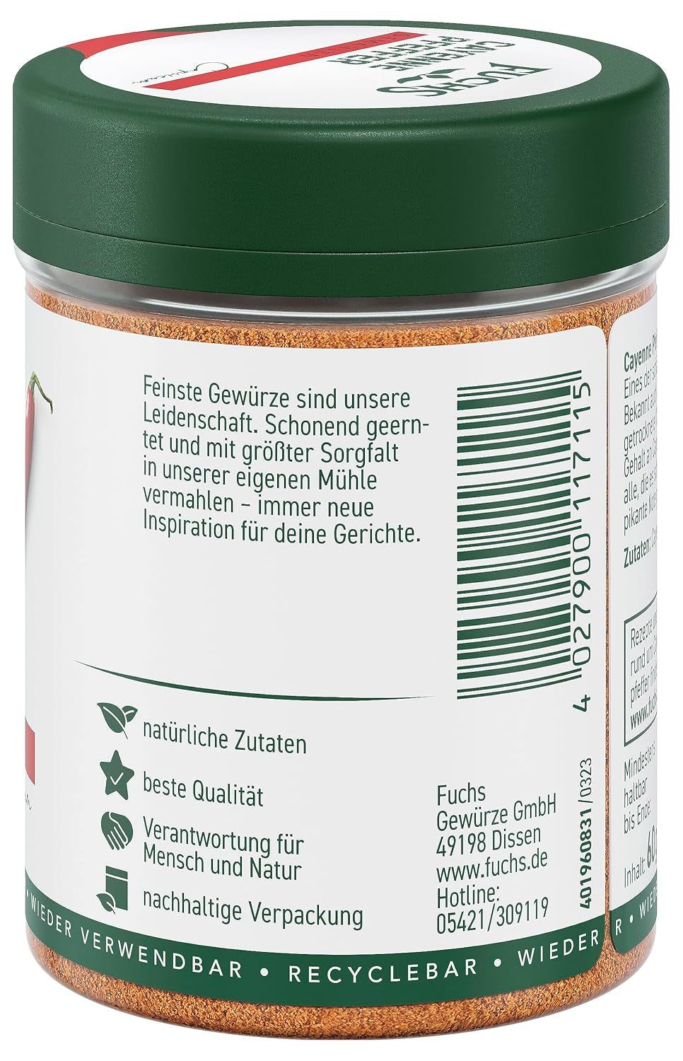 Fuchs Gewürze - Cayennepeppar gemahlen - för einen scharfen Geschmack i alla typer av rätter - naturliga ingredienser - 60 g i wiederverwendbarer, recyclebarer Dos