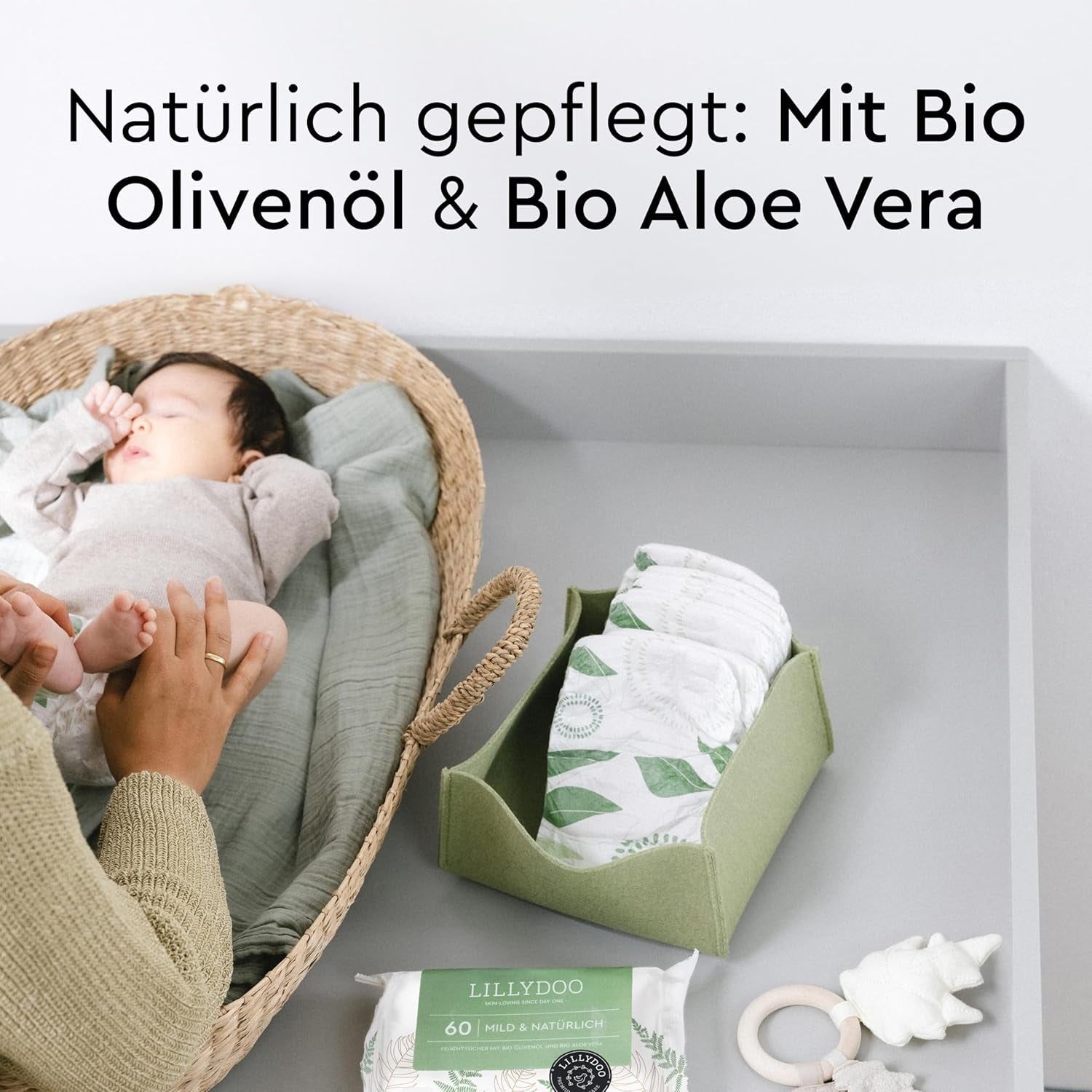LILLYDOO Gröna våtservetter, 600 antal (10 x 60), 100 % plastfri tårbeständig våtservett - Doftfri, skonsam och naturlig, skonsam rengöring för känslig hud, dermatologiskt testad
