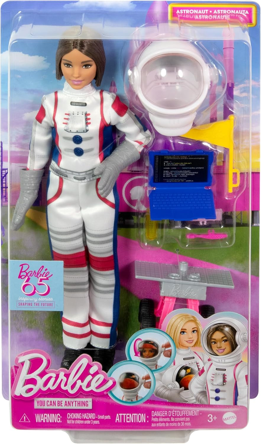 Barbiedocka för 65 år och 10 tillbehör, Astronautset för brunettdockor, Rover med hjul, rymdhjälm med byte av visir och mer, HRG45