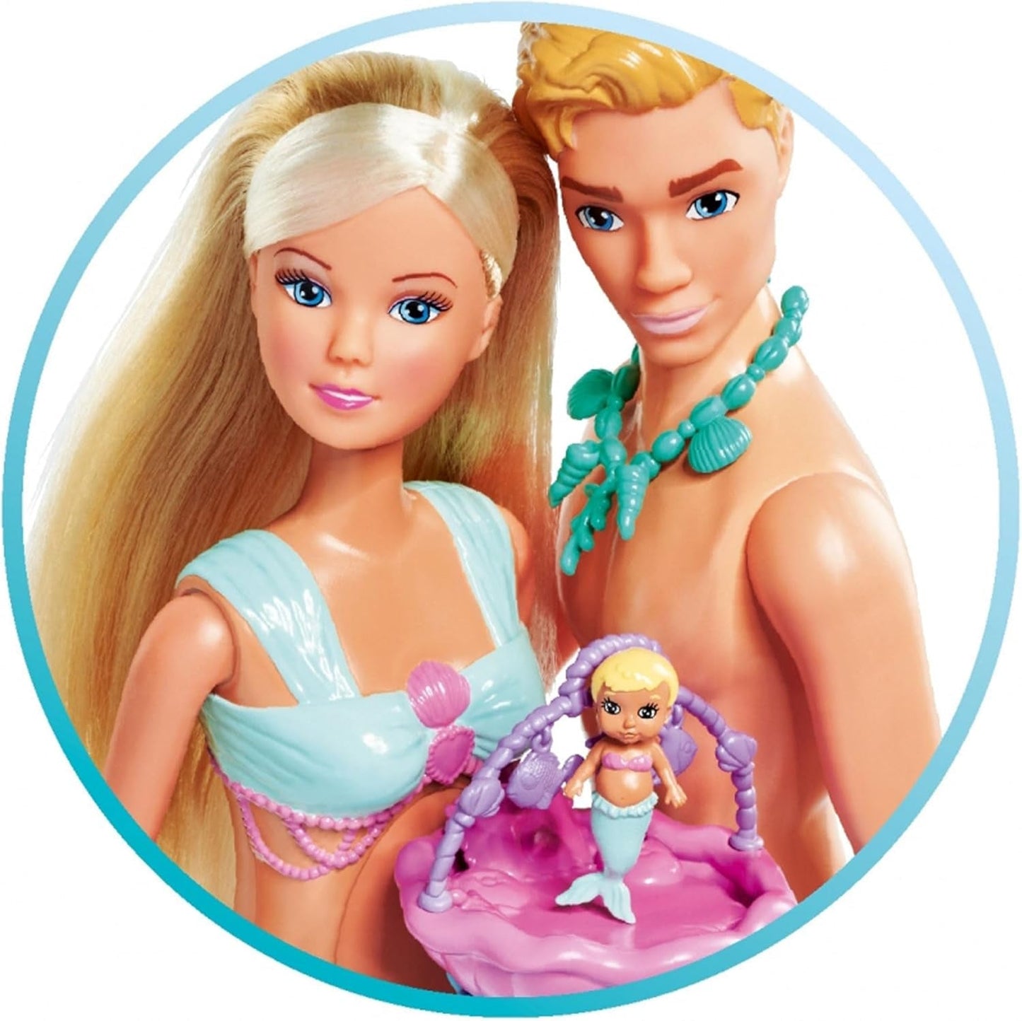 Simba 105733524 - Steffi Love Mermaid Family Gravid sjöjungfru Kevin Docka med spjälsäng 29 cm modedockor Lekdockor från 3 år och uppåt
