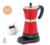 Cilio Classico espressomaskin för 6 koppar | elektrisk 480W | Ø 11,5 cm Höjd: 25 cm | aluminium | röd | integrerad häll | med värmebevarande funktion och reducerande filter | för resor eller camping