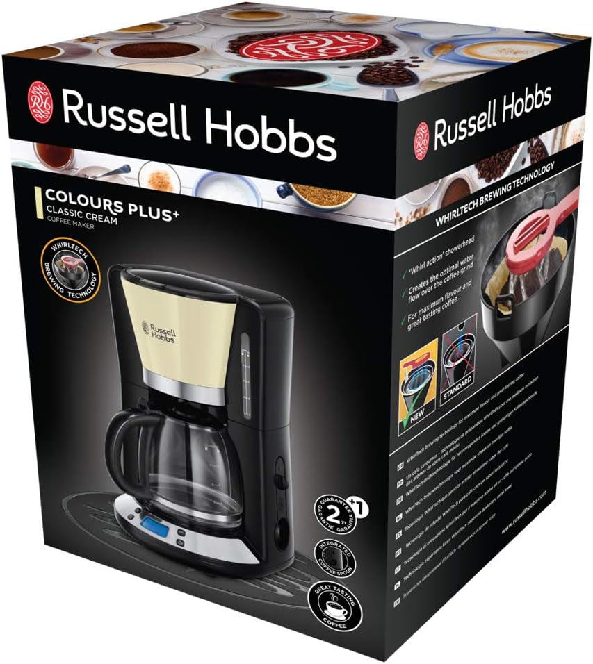 Russell Hobbs kaffebryggare [Digital timer, duschhuvud för optimal extraktion och arom] Färger+ Kräm (1 till 10 koppar, 1,25 L glaskaraff, värmeplatta, 1100W) Filterkaffebryggare 24033-56