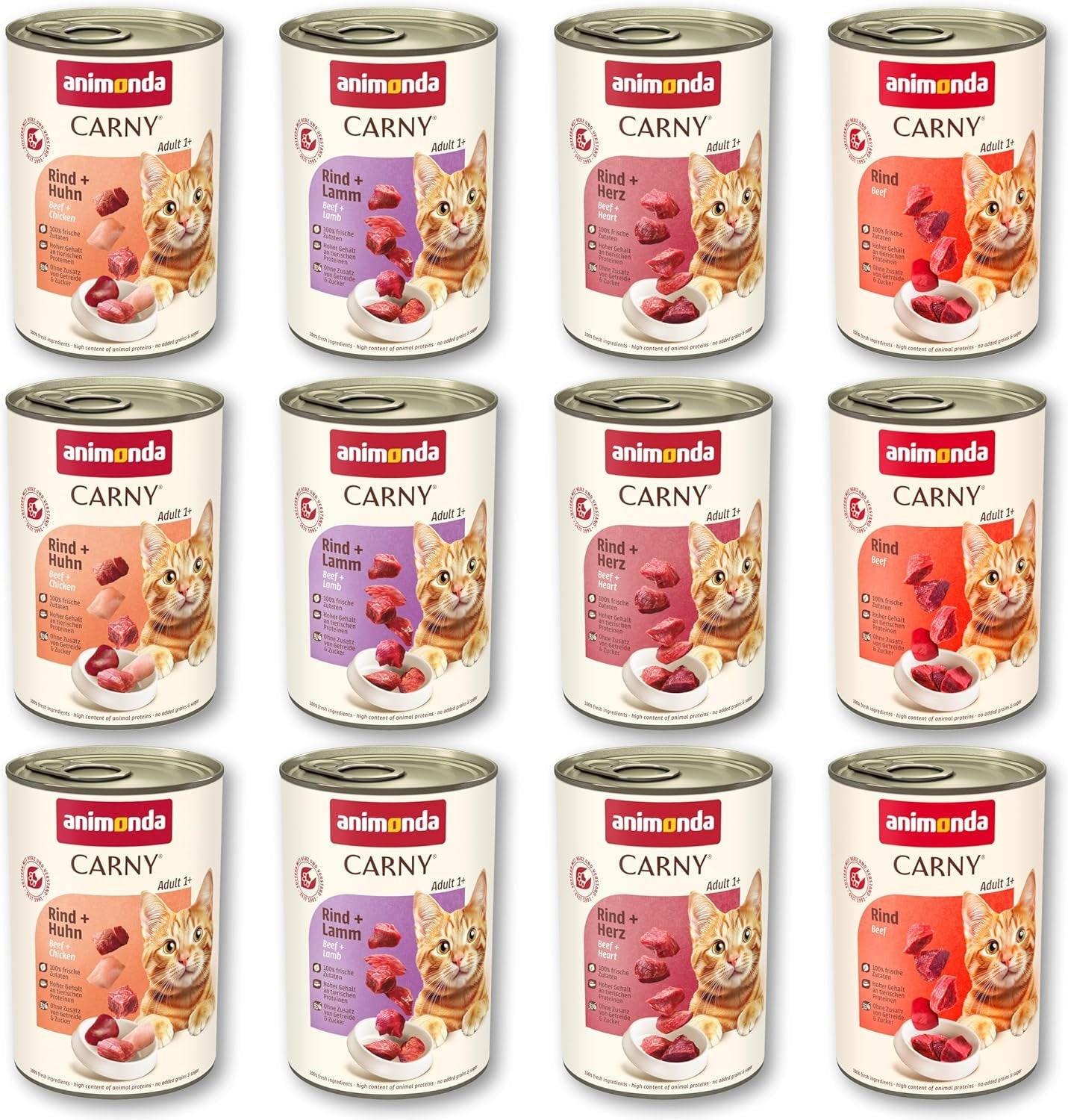 animonda Carny Adult Savory Variety (12 x 400 g), våtfoder för vuxna katter, våtfoder med 100 % färska köttingredienser, spannmålsfri och sockerfri