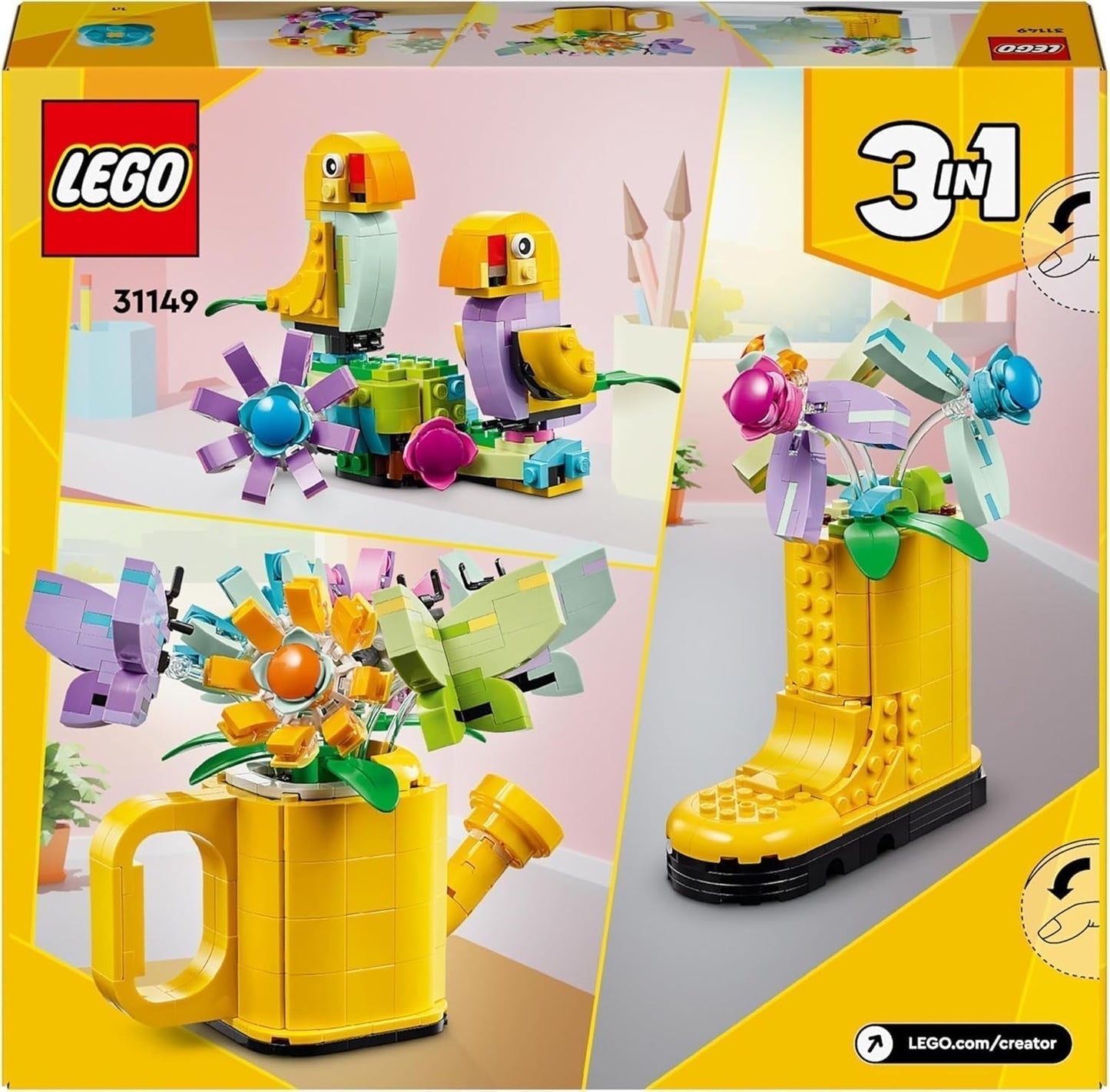 LEGO Creator 3-i-1 blomstersprinklerset, dekoration av barnrum, bygg en sprinkler med en bukett blommor, gummistövlar eller 2 leksaksfåglar, kreativ present till flickor och pojkar 8 år gamla 31149 Byggset Besuche den LEGO-Store