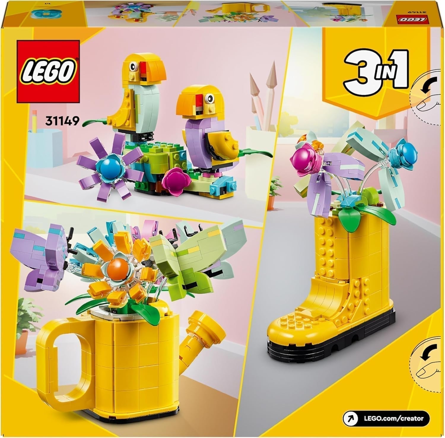 LEGO Creator 3-i-1 blomstersprinklerset, dekoration av barnrum, bygg en sprinkler med en bukett blommor, gummistövlar eller 2 leksaksfåglar, kreativ present till flickor och pojkar 8 år gamla 31149 Byggset Besuche den LEGO-Store