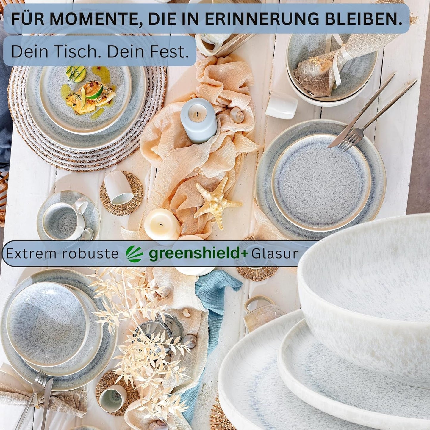 SANGER | 12 delar Santorini servisset 4 personer tallrik set MYCKET BRA betygsatt stengods servis set inklusive middagstallrikar, desserttallrikar och suma tallrikar Creme Lila Blå Gradient | PREMIUM KOLLEKTIONEN