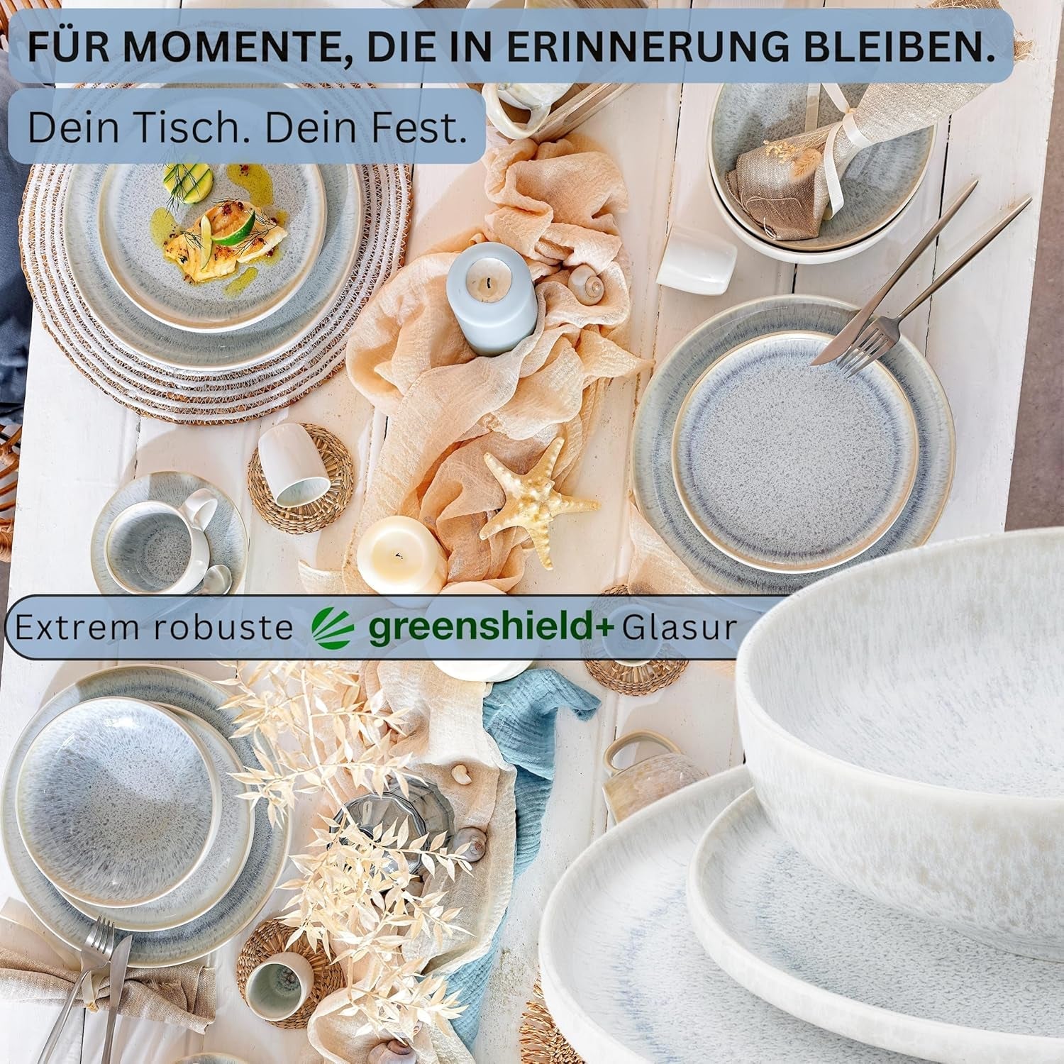 SANGER | 12 delar Santorini servisset 4 personer tallrik set MYCKET BRA betygsatt stengods servis set inklusive middagstallrikar, desserttallrikar och suma tallrikar Creme Lila Blå Gradient | PREMIUM KOLLEKTIONEN