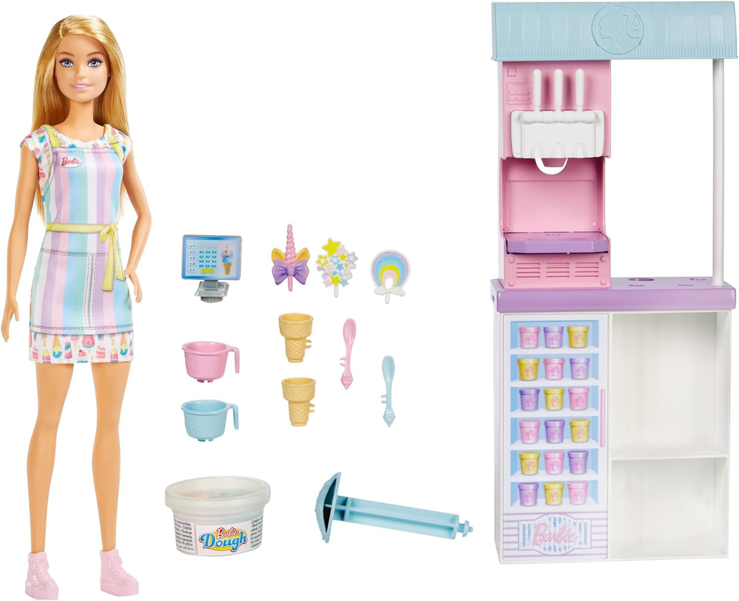 Barbie You Can Be Anything-serien, glassbar, 1 x blond hårbarbiedocka, glassmaskin, Barbie Play-Doh, baktillbehör, barngåva, leksak för 3+ år, HCN46