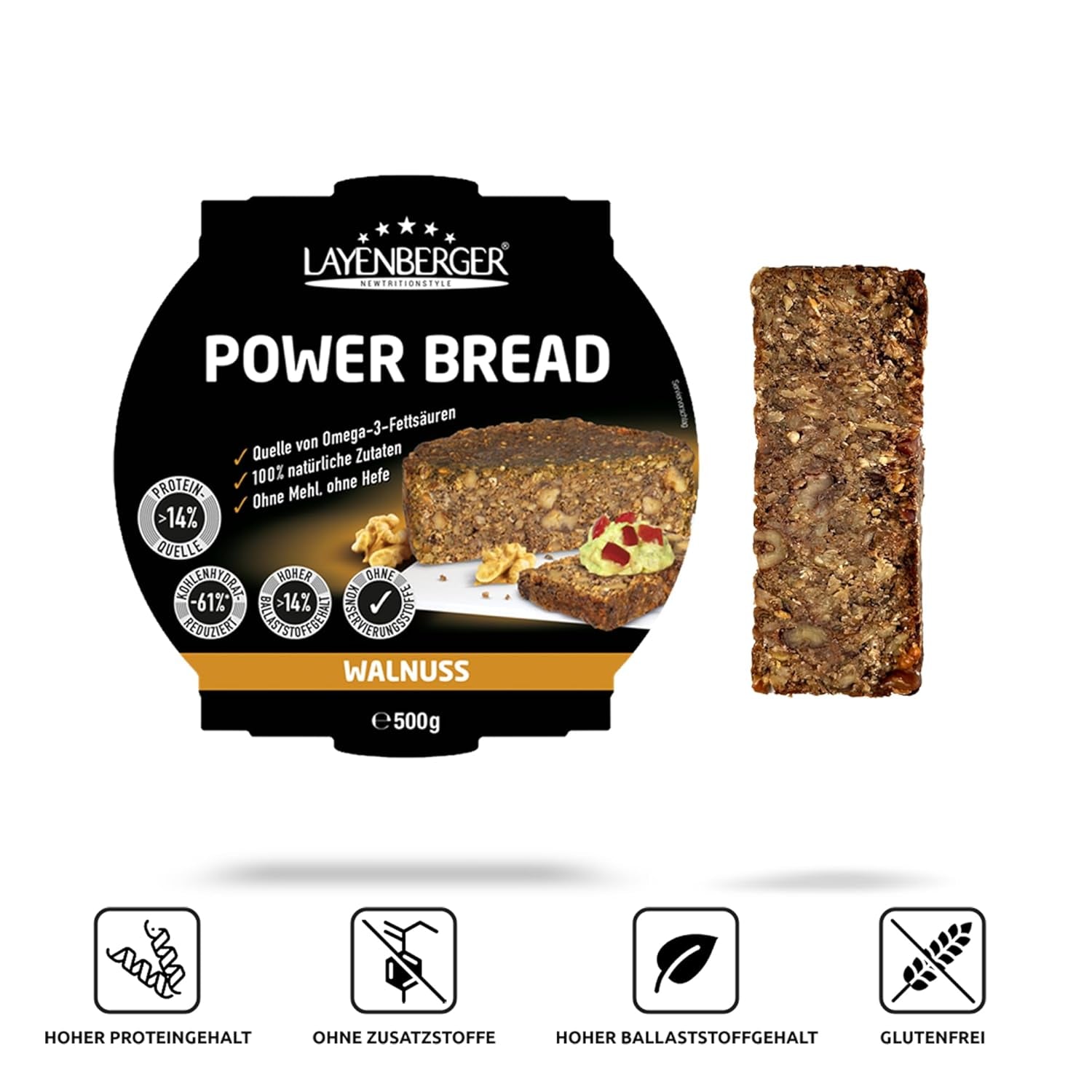 Layenberger Prower Bread Walnut, Eiweiß- Und Ballaststoffquelle, Ohne Konservierungsmittel, Ohne Hefe, Ohne Mehl, Mit 14G Protein Pro 100G, (1 X 500G) Blandning för bakning och matlagning Naty Shop