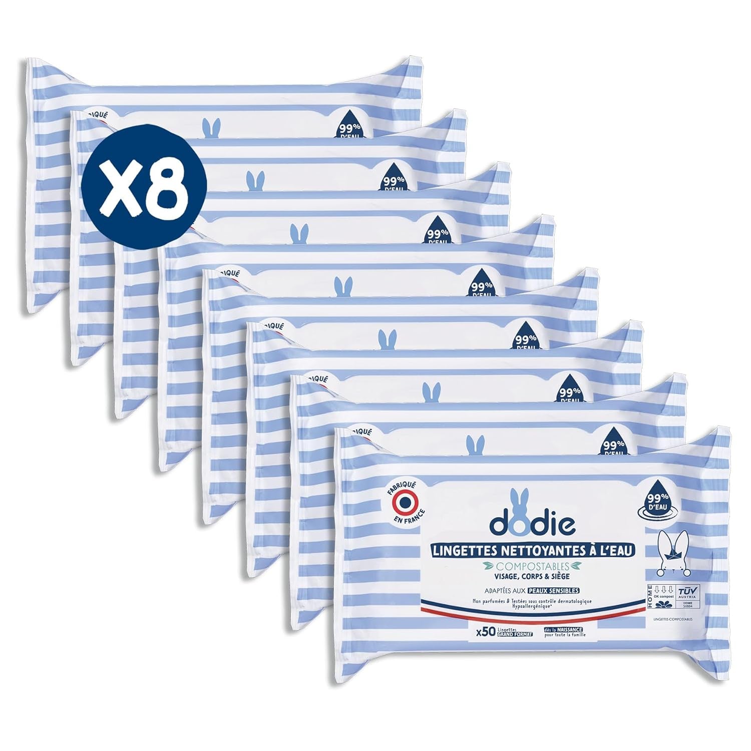 Paket med 8 förpackningar med vattenkomposterbara rengöringsservetter, 50 st