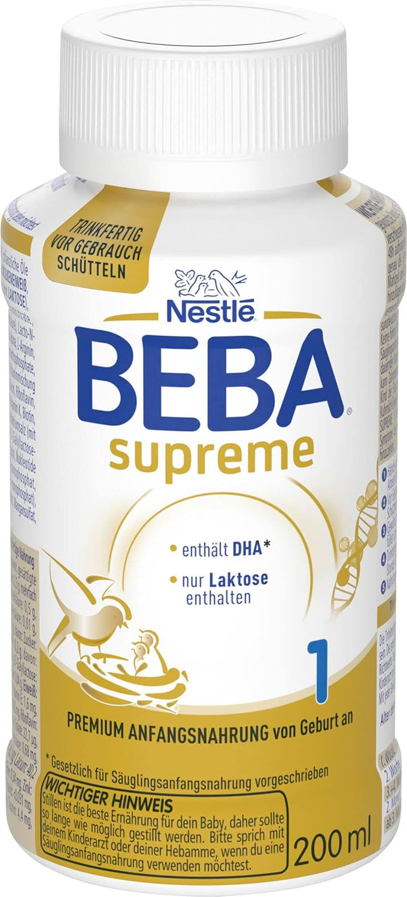 BEBA Nestlé BEBA SUPREME 1 Modersmjölksersättning: Drickfärdiga flaskor med Omega 3, 1 förpackning (1 x 200 ml)