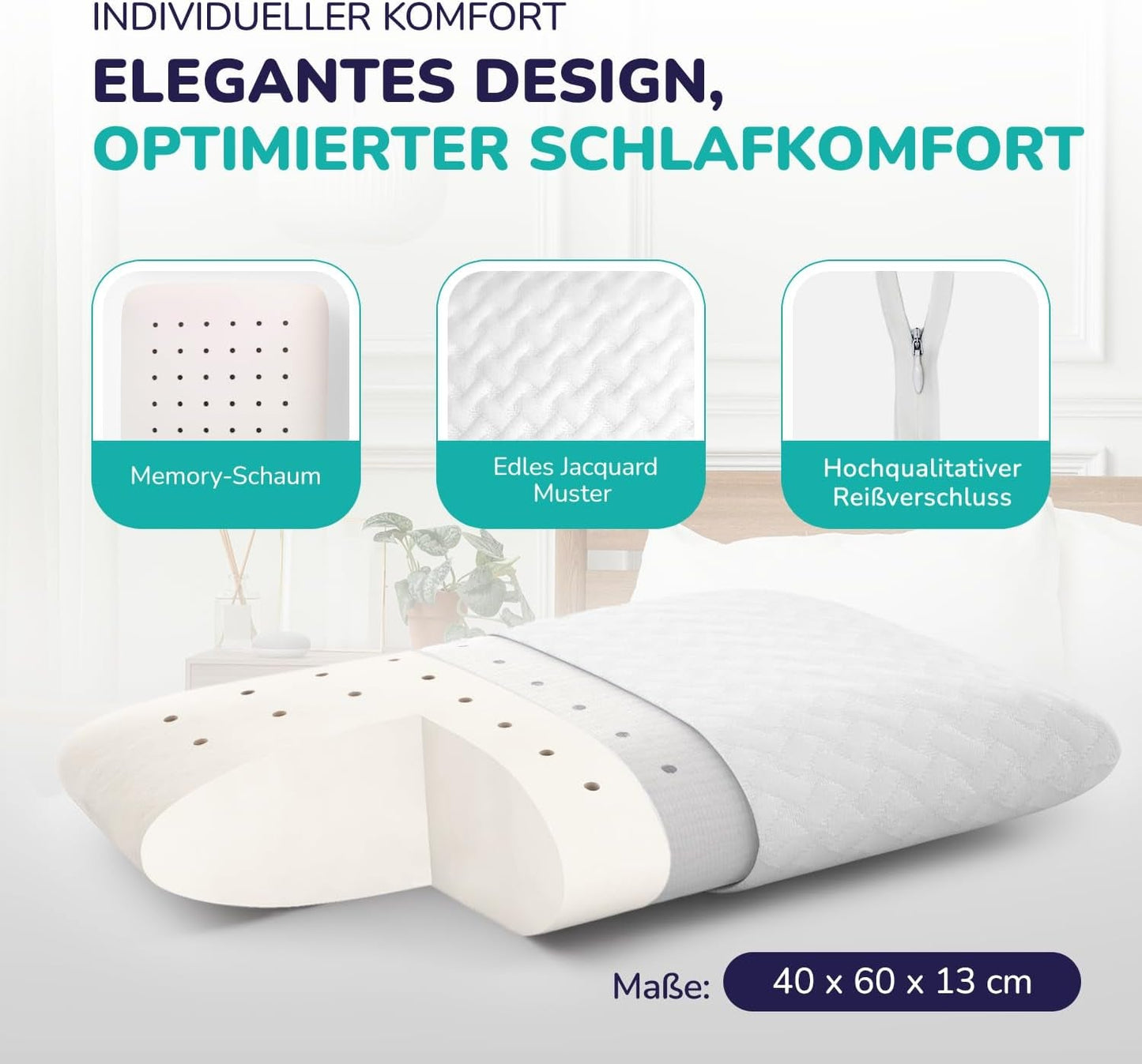 ZenPur Ortopedisk nackkudde 40x60-13cm, Memory Foam Huvudkudde - Ergonomisk sömnkudde för nacke och axlar, Oeko-TEX-certifierad