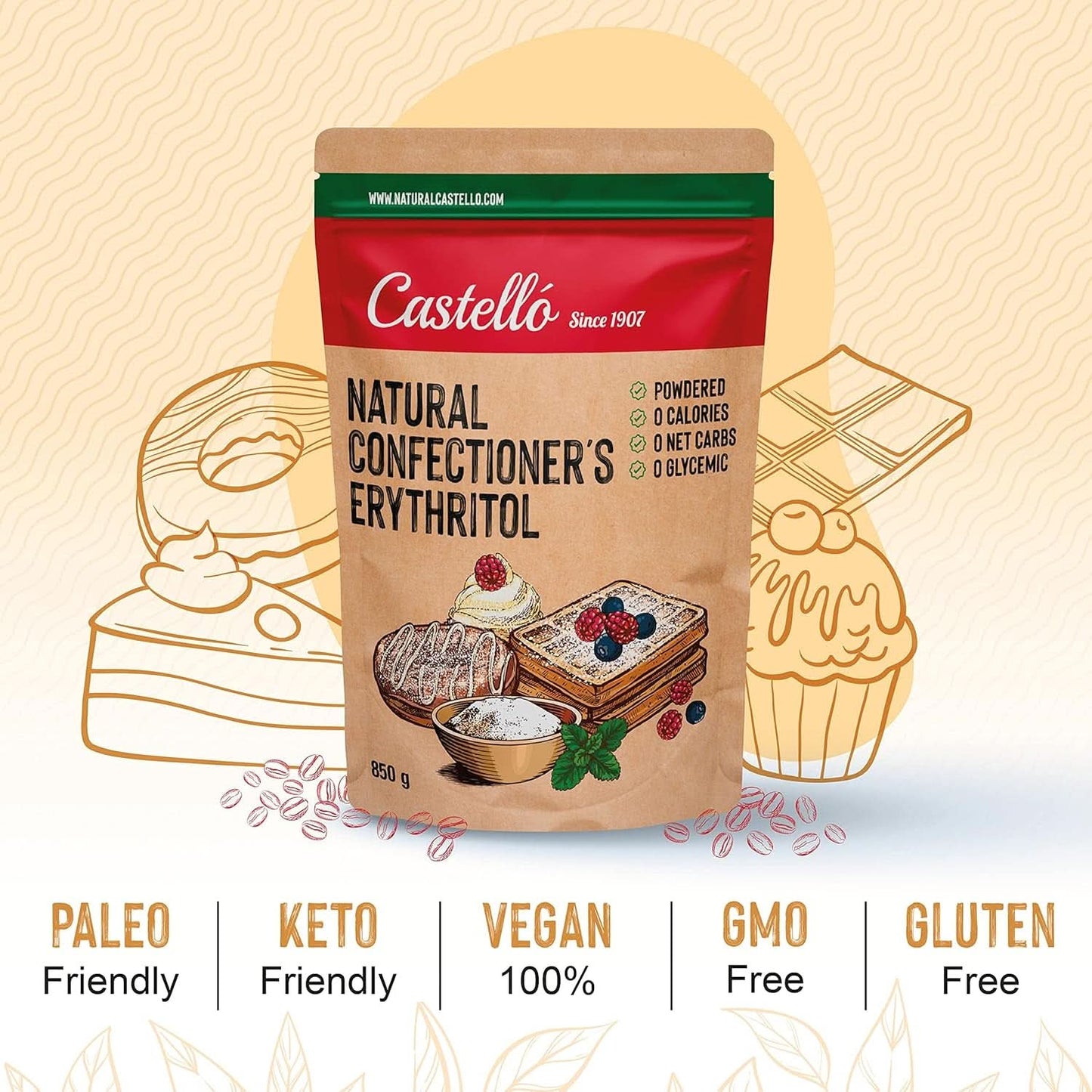 Naturlig erytritol - florsocker | 10G = 7G socker, 850 gram Sweeteners Naty Shop