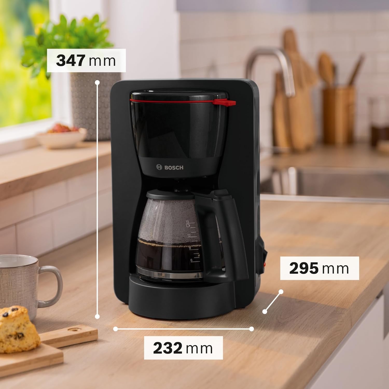 Bosch MyMoment TKA2M113 Filter Espressobryggare, 1,25L glaskaraff, 10-15 koppar, 40 minuters varmhållningsfunktion, Antidroppsystem, Roterande filterhållare, Löstagbar vattentank, 1200 Watt, Mattsvart