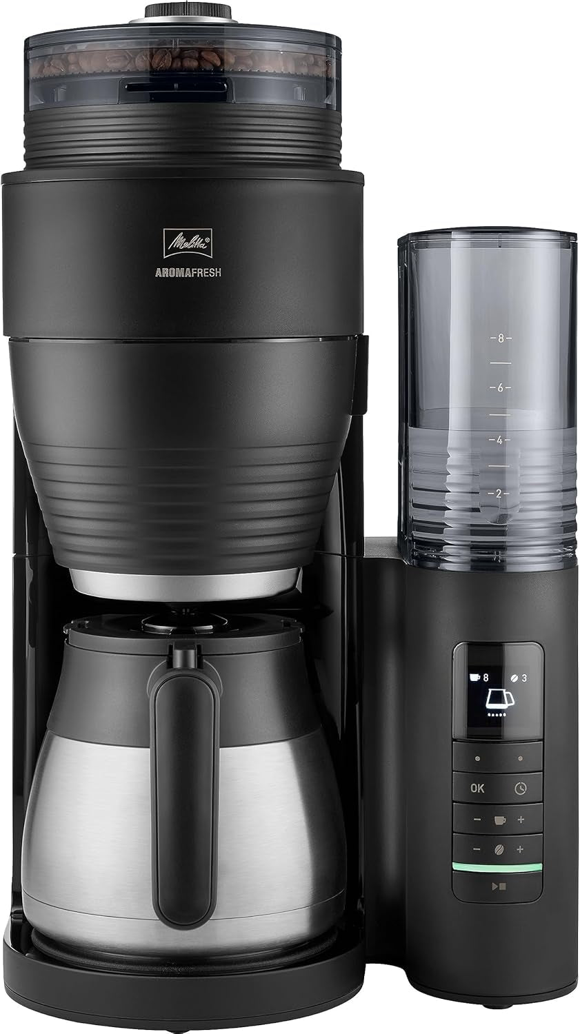 Melitta AromaFresh Therm Pro X - Espressomaskin med filter, integrerad kvarn, avtagbar vattentank, rostfri termokanna och timerfunktion, för upp till 8 koppar kaffe, svart/silver