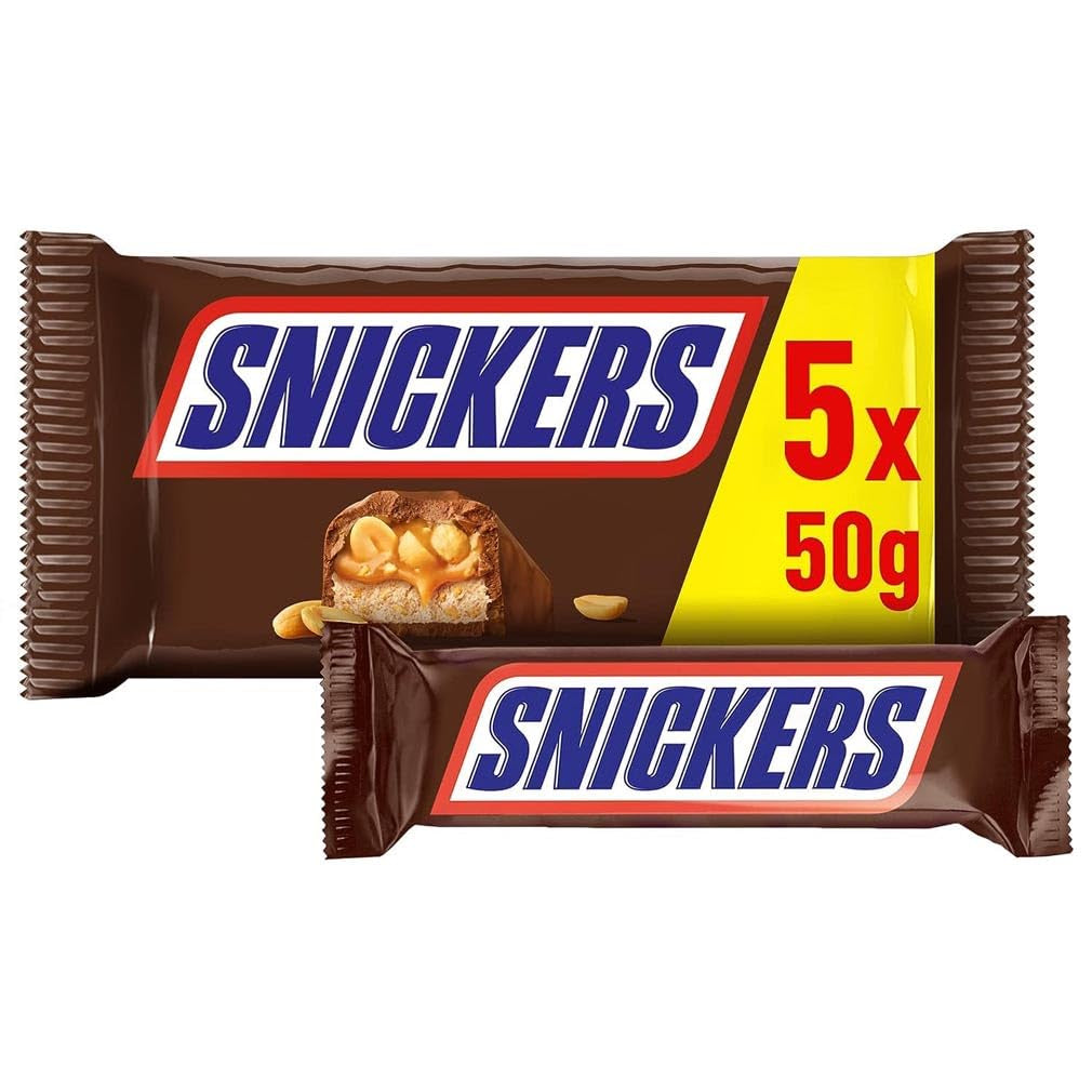 Snickers Chocolate Bar Peanut Caramel 5 Bar Pack | Snack fotboll | (1 x 5 x 50 g)
