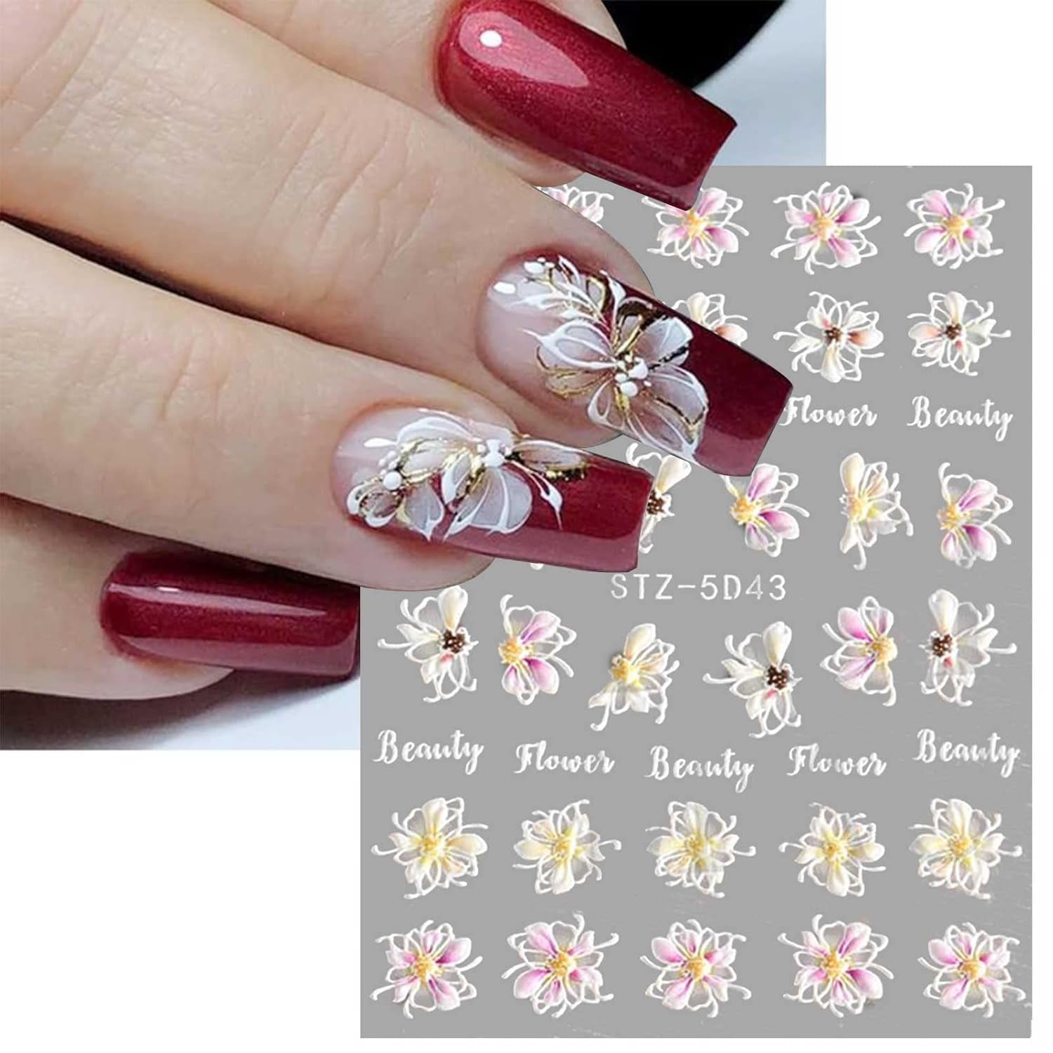 JMEOWIO 3D Nagelsticker Frühling Blume Nail Art Sticker Selbstklebend Nagelaufkleber 5D Stereoskopisk Blumen Dekoration Nageldesign Zubehör 4 Blatt
